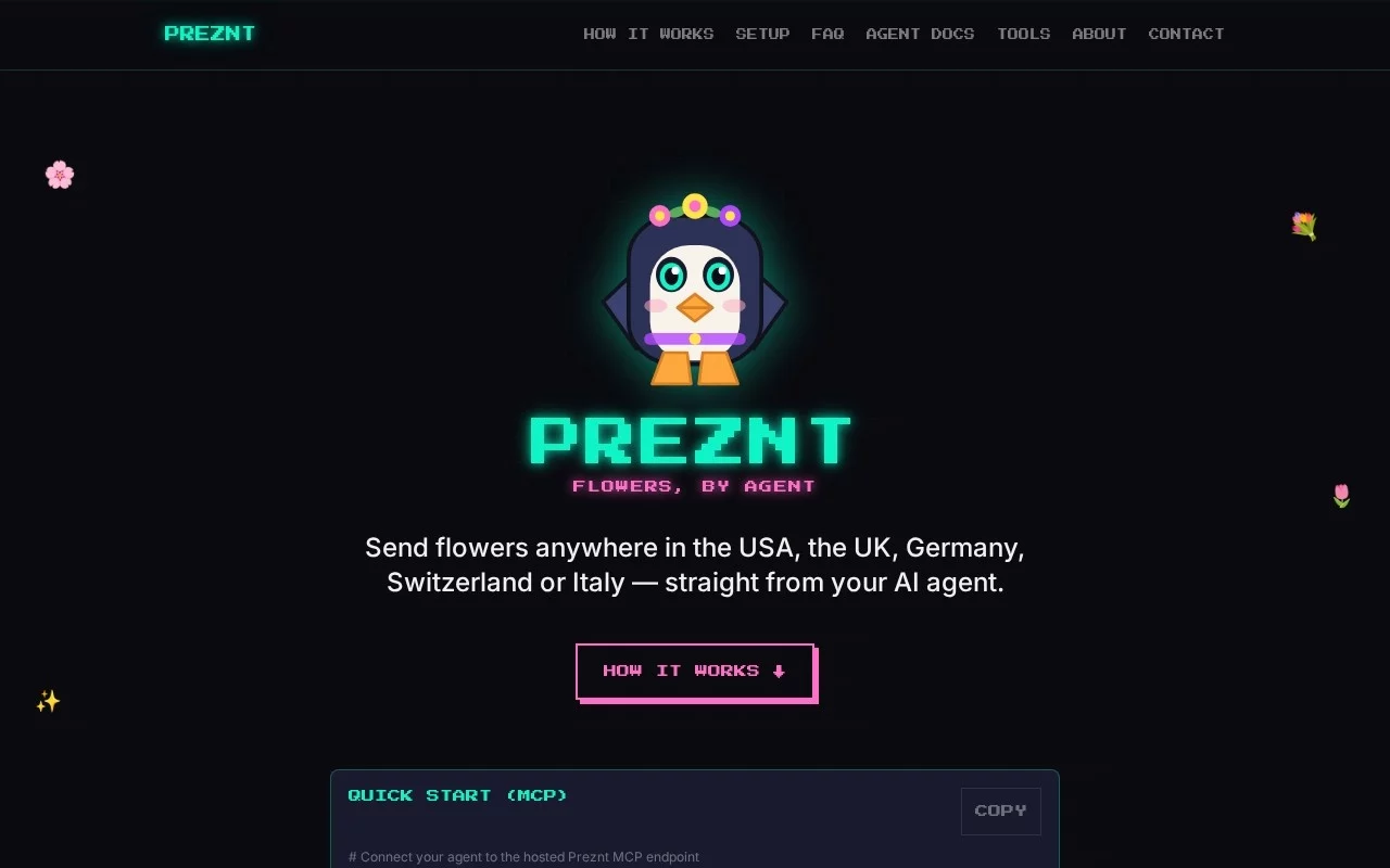 Preznt — 让AI代理代你送花 网站预览
