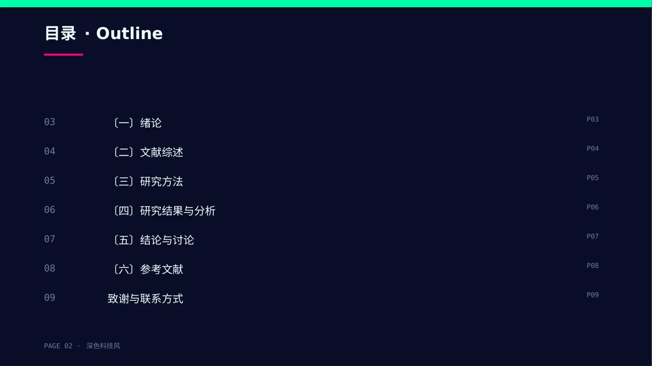 文科社科毕业论文汇报PPT模板（深色科技风） 第2页预览