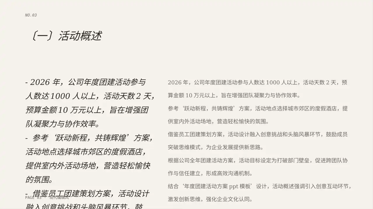 年度团建活动完整策划方案 PPT模板（红黑杂志风）-2 第3页预览