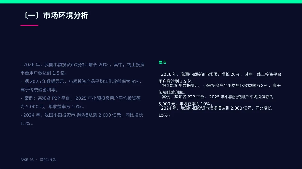 深色科技风小额投资回报分析报告PPT模板-2 第3页预览