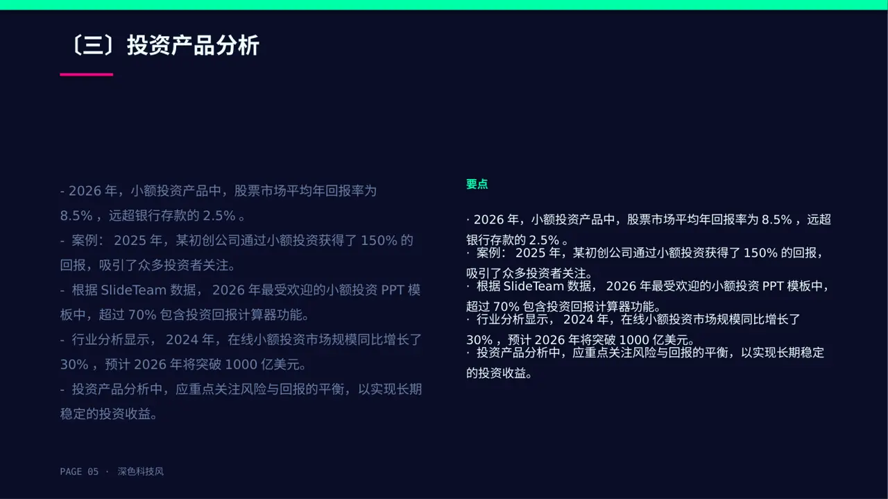 深色科技风小额投资回报分析报告PPT模板-2 第5页预览