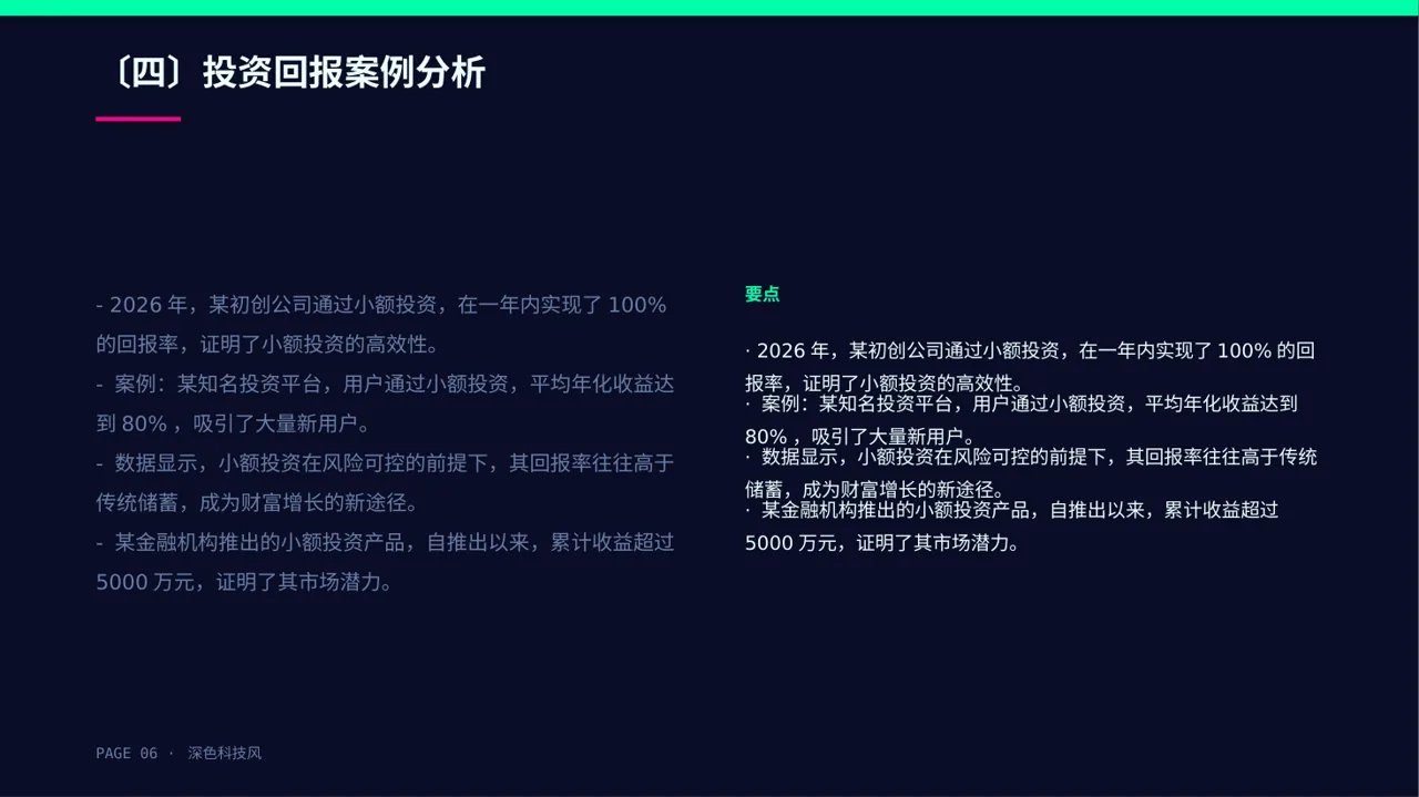 深色科技风小额投资回报分析报告PPT模板-2 第6页预览