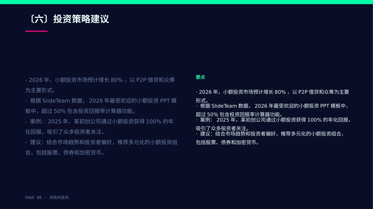 深色科技风小额投资回报分析报告PPT模板-2 第8页预览