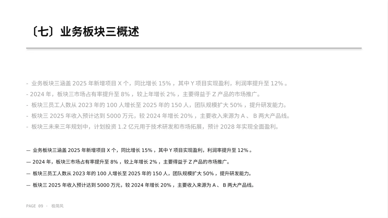 公司各业务板块规划汇报PPT模板（黑白极简风） 第9页预览