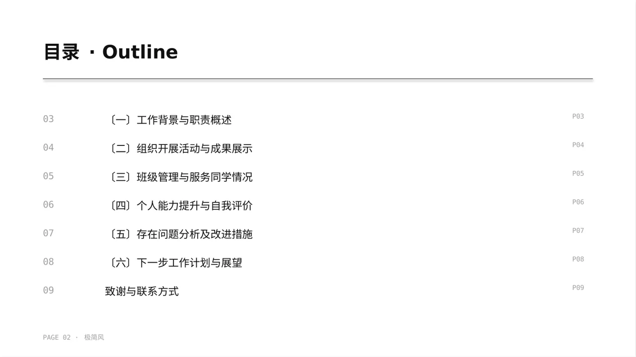 高校班干部工作述职汇报 PPT模板（黑白极简风）-3 第2页预览