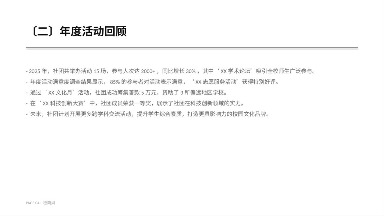 社团全年活动总结汇报PPT模板（黑白极简风）-2 第4页预览