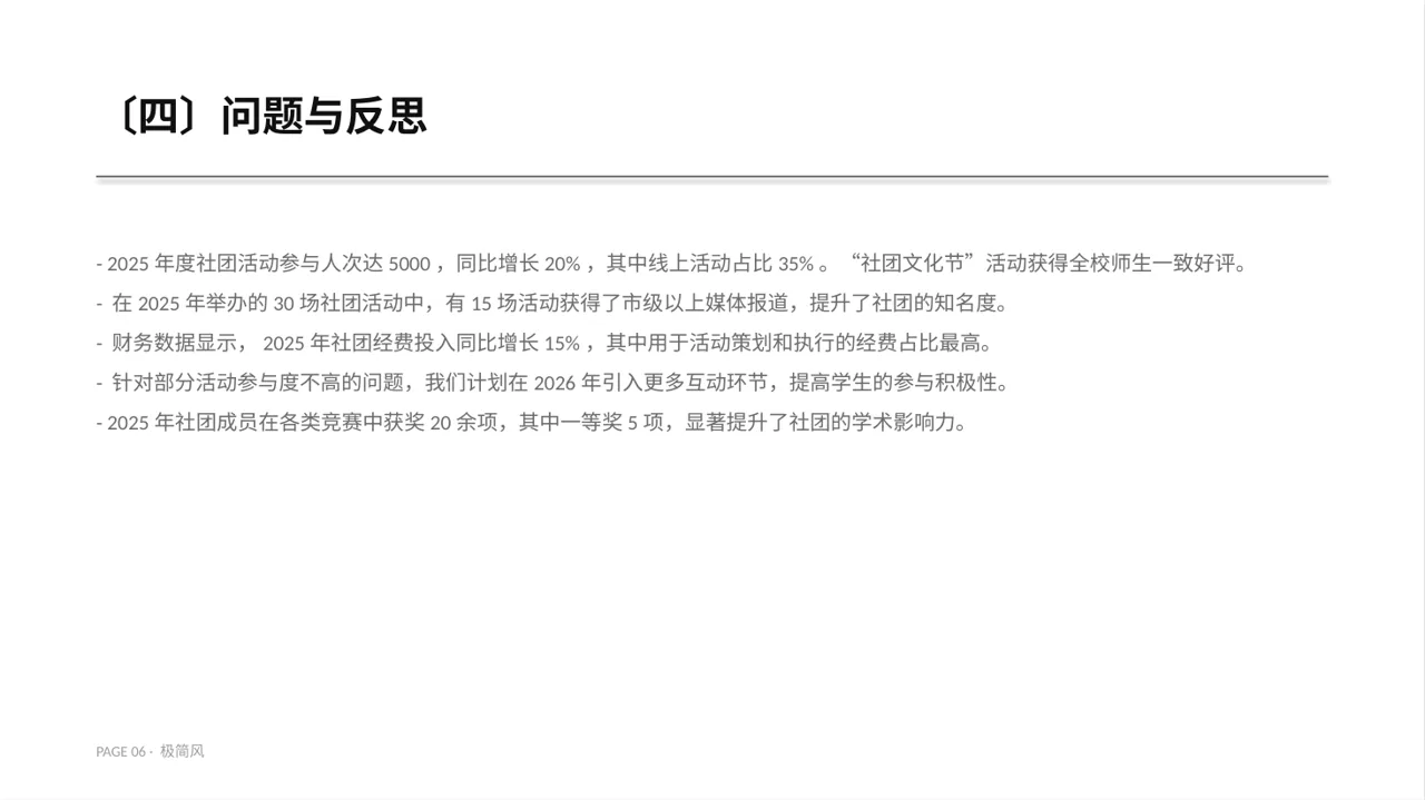 社团全年活动总结汇报PPT模板（黑白极简风）-2 第6页预览