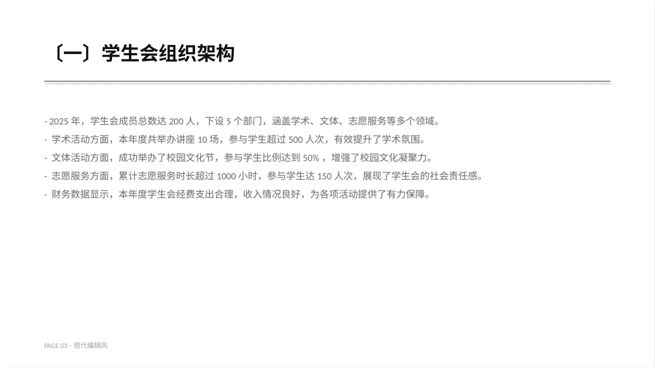 学生会年度工作总结PPT模板 第3页预览
