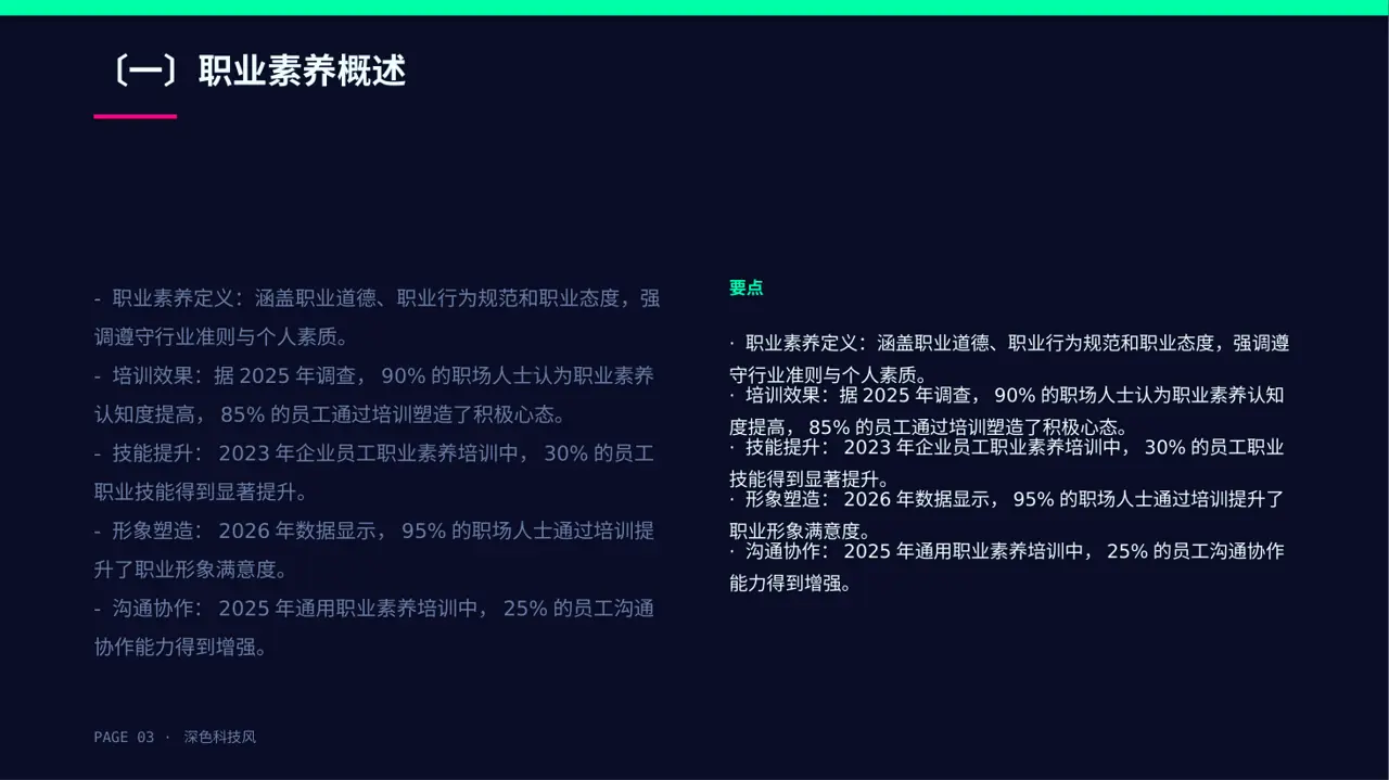 职场职业素养教学文稿 PPT模板（深色科技风） 第3页预览